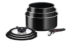 Tefal Ingenio Easy ON 7 piece Non-Stick Saucepan Set , 16&18&20 cm Saucepans, 16&18&20 cm Glass Lids, Bakelite Removable Handle, Easy Cleaning, Heat Indicator, Black, L1599602