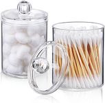 AOZITA 2 Pack Cotton Pad, Cotton Buds Holder Dispenser for Cotton Ball, Swab, Round Pads, Floss - 10 oz Clear Plastic Apothecary Jar Set Bathroom Canister Storage Organization, Vanity Makeup Organizer