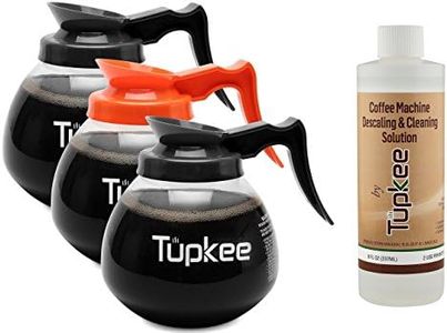 Commercial Coffee Pot Replacement - Restaurant Glass Coffee Pots – 12 Cup, 64 oz., Set of 3-2 Black Regular Handle and 1 Orange Decaf + INCLUDES + Tupkee Coffee Machine Descaling & Cleaning Solution