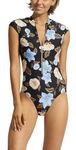 Seafolly Women's Standard Cap Sleeve Zip Front One Piece Swimsuit, Garden Party Black, 4