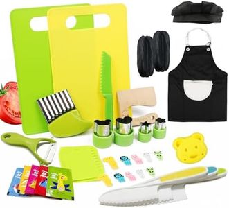 ANVOYRD Montessori Kitchen Tools for Toddlers Cooking, Wooden Kids Kitchen Knife Set Include Plastic Toddler Safe Knives, Apron Set, Cutting Board, Sandwich Cutter, Y Peeler, Crinkle Cutter