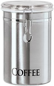 Oggi Stainless Steel Coffee Canister 62 fl oz - Airtight Clamp Lid, Clear See-Thru Top - Ideal for Coffee Bean Storage, Ground Coffee Storage, Kitchen Storage, Pantry Storage. Large Size 5" x 7.5".