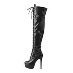 Only maker Women's Stretch Over the Knee High Boots with Side Zipper Stiletto Lace Up Thigh High Booties Patent Leather Punk Biker Motorcycle Wide Calf Platform Boots wtih Buckles Black Size 13