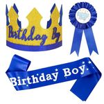 Leofeck 3Pcs Birthday Hat for Boy Birthday Decorations Blue, Happy Birthday Banner and Birthday Sash For Man (Gold)