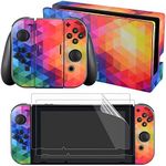 eXtremeRate Full Set Faceplate Skin Decal Stickers for Nintendo Switch with 2Pcs Screen Protector (Console & joy con & Dock & Grip)-Colorful Triangle