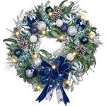 Valery Madelyn 30 Inch Pre-Lit Christmas Wreath for Front Door with Lights, Large Lighted Christmas Wreath with Silver Blue Xmas Ball for Fireplace Window Outdoor Table Centerpiece Holiday Decoration