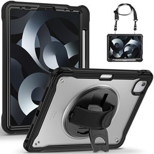 Gerutek Coque pour iPad Air 5/Air 4/iPad Pro 11 (2022/2021/2020/2018), Étui Antichoc Structure à 2 Couches avec Support Pivotant, Arrière Transparente, Dragonne et Dandoulière Réglable/Amovibles, Noir