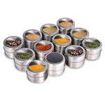 Magnetic Spice Jars 12 Pcs,Stainless Steel Spice Tins with Lid and Small Holes for Sprinkle Rust Free Easy to Clean Includes 94 Labeling Stickers by Beeyoka