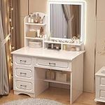 Vanity Desk with Lighted Mirror - Makeup Vanity Table with 3 Color Lighting Modes Adjustable Brightness, White Vanity Set with Storage Shelf and 4 Drawers (Without Stool,Square Mirror)