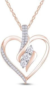 AFFY Diamond Heart Pendant Necklace | 3 Stone 1/4cttw Natural Diamond | 14K Rose Gold Over Sterling Silver (0.25 Ct) with Free 18" Chain For Women, Gift For Her