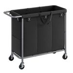 SONGMICS Laundry Basket on Wheels, 3-Compartment Laundry Hamper, 52.8 Gallons (200L), Removable Liner, Steel Frame with Handle, Large Linen Storage, 91 x 39 x 81 cm, Ink Black RLS005B01