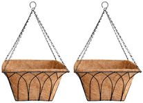 GARDEN KING- 14 Inch Square Hanging Basket with Metal Chain & Coco Liner, Coir Hanging Square Gothic Plant Container for Indoor and Outdoor Garden (Set of 2 Pc)