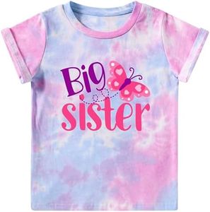 Funnycokid Big Sister Shirts for Girls 5T 4T Butterflies Tie-Dye Pink Size 5 Pregnancy Announcement Toddler Promoted to Short Sleeve Gifts 4-5 Years