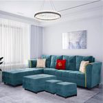 Sunuzu Melrona 8 Seater Fabric Sectional LHS L Shape Sofa Set with 1 Centre Table & 2 Puffy (Teal)