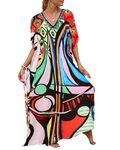 Bsubseach Colorful Beach Cover Up Loose Kaftan Dress Short Sleeve Swimsuit Coverup for Women