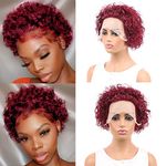 Huarisi 6 inch Red Curly Pixie Cut Wig Human Hair 13X1 Burgundy Short Curly Lace Front Wigs for Women Pixie Cut Brazilian Wigs 99J Color with Highlights Nice Curls