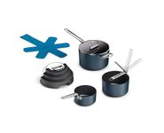 Joseph Joseph Space Stack 3 Piece Non-Stick Cookware Set with Folding Handles, Induction Saucepan Set, Ceramic Coating, Space Saving Nesting Pans