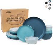 Grow Forward 24-piece Premium Wheat Straw Dinnerware Sets for 8 - Dinner Plates, Dessert Plates, Cereal Bowls - Unbreakable Microwave Safe Plastic Plates and Bowls Sets, RV, Kitchen Dishes - Seascape