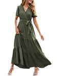 MASCOMODA Womens Boho Swiss Dot Maxi Dresses Wrap V Neck Flutter Short Sleeve Solid Tie Belt A Line Tiered Flowy Long Dresses, S-army Green, XXL