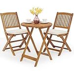 Tangkula 3 PCS Patio Folding Bistro Set, Outdoor Acacia Wood Chair and Table Set w/Padded Cushion& Round Coffee Table, Ideal for Indoor Patio Poolside Garden (Cream)