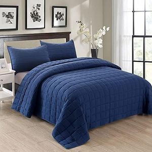 EMME Twin Quilt Set-Lightweight Bedspread for Summer,Soft Pre-Washed Navy Quilt Bedding Sets, 2 Piece, Cozy Reversible Microfiber Bed Coverlet with Pillow Sham (Square Pattern,66"x90")