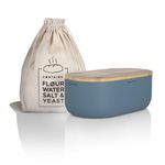 LARS NYSØM Bread Box I Metal bread box with linen bread bag for long lasting freshness I Bread box with bamboo lid usable as cutting board I 14.2x7.5x5.1 In (Stone Blue)