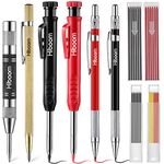 Hiboom Mechanical Carpenter Pencils Set with Solid Carpenter Pencils, Deep Hole Woodworking Pencils with Sharpener & Refills, Automatic Center Punch, Carbide Scribe Tool for Architect Construction