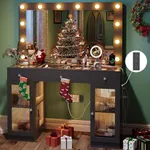 IFSEB Vanity Desk with Large Mirror and Lights, Glass Top Makeup Vanity with Lights & Power Outlet for Bedroom, 3 Color Lighting Modes, Black Dressing Table for Women, Girls