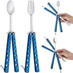 2 Pcs Butterfly Fork and Spoon Set, Tactical Butterfly Spoon Folding Stainless Steel Butterfly Fork for Travel BBQ Kitchen Camping Hunting (Blue)