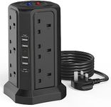 Tower Extension Lead with USB Slots 1.8M and 18W USB C Fast Charger, (13A 3250W) 5 USB Ports and 12 Way Extension Tower, Surge Protection Extension Lead with Switch, Extension Cable for Home, Office