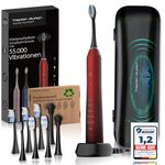 Tristan Auron Sonic Toothbrush with 55,000 Vibrations - 60 Day Battery - 5 Modes + UV Travel Case - 6 Dentures Brushes and 2 Tongue Cleaners + Electric Toothbrush Business Class (Red)