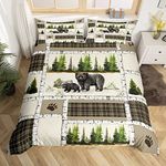 Black Bear Bedding Set King Size,Retro Hunting Woodland Animal Duvet Cover for Country Cabin Lodge,Patchwork Green Brown Buffalo Plaid Comforter Cover for Kids Teens Adults,Rustic Camping Quilt Cover