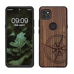 kwmobile Wood Case Compatible with Motorola One 5G Ace Case - Cover - Navigational Compass Dark Brown