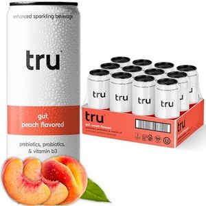 Tru Gutsy Seltzer, Probiotic Prebiotic Drinks with Vitamin B3, Peach Fruit Juice Flavored Sparkling Water, Caffeine Free, Kosher, Gluten Free, Vegan, Low Calories, No Sugar Added Beverages, 12oz (Pack of 12)