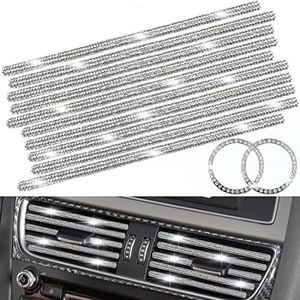 10 Pack Bling Car Vent Outlet Trim + 2 Pcs Crystal Rhinestone Ring Sticker, Diamond Air Conditioner Seal Strip Line for All Straight Air Vent Outlet, Car Interior Accessories Decoration, Silver