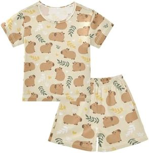 KUEJOP Funny Capybara Cute Yellow Flowers Pattern Summer Cute Pajama Sets, Short Sets for Daily Wears and Sleep Wears