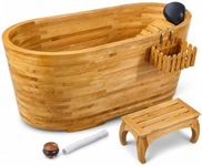 OGOLOUG Deep Wooden Bathtub for Adults – Premium Oak Soaking Tub with Backrest, Headrest, Stool & Full Copper Drainage System – Handmade Bath Tub for Small Bathrooms & Home Spa Use 59"