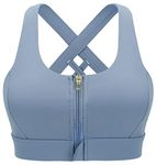 CLOUSPO Women Sports Running Post Surgery Yoga Zip Front Bra High Support Impact Crop Top Padded Cross Back (S, Blue)