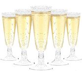 LATERN 50Pcs Silver Glitter Champagne Flutes, 150ml Plastic Champagne Glasses Reusable Stemmed Party Wine Cups for Garden Wedding Anniversary Shower Parties (5.5 x 16.5cm)