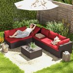 LOCCUS Outdoor Sectional Furniture for 3 Piece,Wicker Patio Furniture,All-Weather Brown HDPE Rattan Sofa Conversation Set with Table for Garden Poolside (Dark Brown and Red)