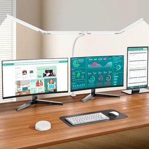 Pzloz Led Desk Lamp with Clamp: Architect Desk Lamp for Home Office, Eye Caring Double Head Computer Monitor Gooseneck Desk Light with Remote Control - 24W Flexible Dimmable Desktop Table Lamp White