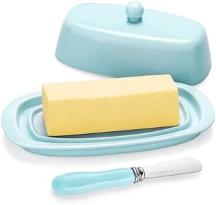 Yedio Ceramic Butter Dish with Lid for Countertop Refrigerator, 8 Inch Butter Holder with Porcelain Cover Knob Handle for East West Coast Butter Stick, Turquoise