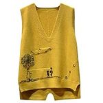 Dawwoti Women Knitted Sleeveless Jumpers Floral Pattern Sweater Vests V Neck Gilets Waistcoat Top Yellow