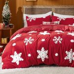 Bedsure Fluffy Duvet Cover Set - Ultra Soft Plush Shaggy Comforter Cover Queen Size, Warm Flannel Fleece Bed Sets for Winter, 3 Pieces, 1 Duvet Cover & 2 Pillowcases, Snowflake Pattern, Red