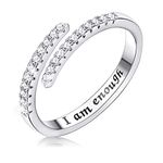 PATISORNA I am Enough Ring 925 Sterling Silver Encouragement Ring Twist Cubic Zirconia Eternity Band Ring for Women Open Spiral Engraved Ring Size 8, Zirconia,925 Sterling Silver,Platinum