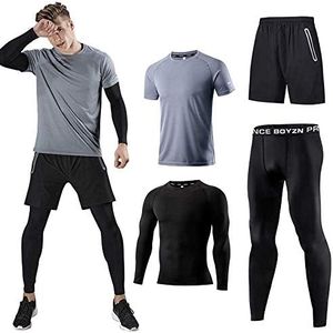 Holure Men's Sports Running Set (Pack of 4) Athletic Shirt+Short/Compression Shirt+Pants Skin Tracksuit Gym Suits Gray L