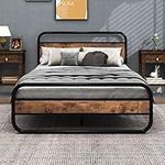 Diahomy Double Bed Metal Platform Bed Frame with Wood Headboard,Mattress Base,Metal Slat Support, Black and Brown