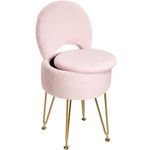 Greenstell Vanity Stool with Foldable Back, Vanity Chair with Storage, 13" Dx 27.7" H Faux Fur Soft Ottoman, 4 Metal Legs with Anti-Slip Feet, Small Furry Padded Seat for Makeup, Bedroom, Pink