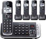 Panasonic Link2Cell Bluetooth DECT 6.0 Expandable Cordless Phone System with Answering Machine and Enhanced Noise Reduction - 5 Handsets - KX-TGE675B (Black)