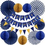 Navy Reusable Birthday Decorations Kit Mens Birthday Party Decorations Navy Blue Gold Birthday Banner Birthday Bunting Honeycomb Birthday Decorations Paper Lanterns Birthday Decorations Paper Fans